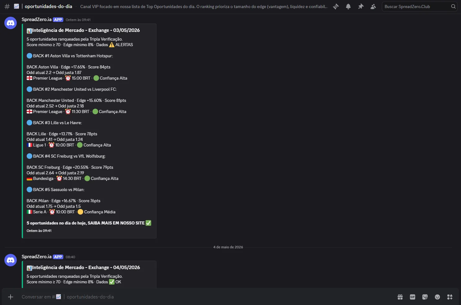 Canal #oportunidades-do-dia mostrando o relatório diário Inteligência de Mercado com 5 oportunidades ranqueadas